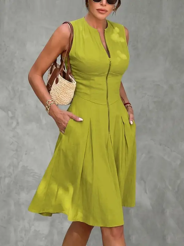 A Line Sleeveless Pleated Pocket Solid Color Zipper Round Neck Mini