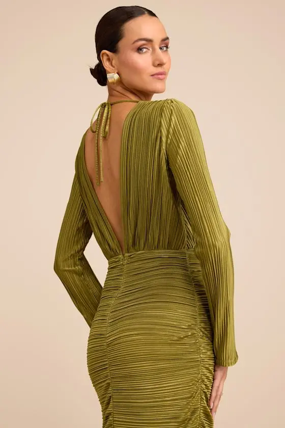 Seren Olive Green Plisse Surplice Maxi Dress