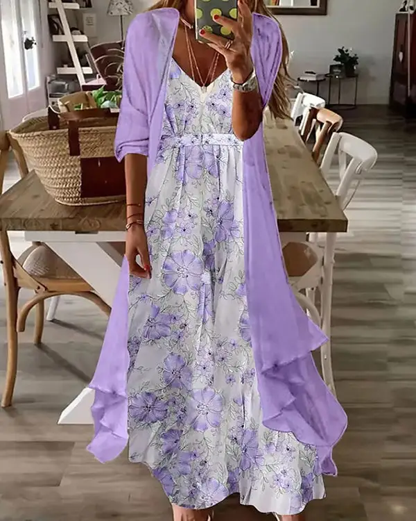 Two-piece Half-sleeve Printed Pleated Casual Sexy Dress004