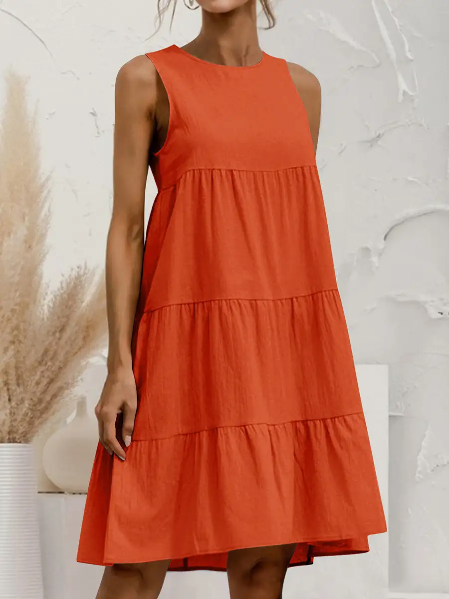 A Line Relaxed Pleated Solid Color Tiered Round Neck Mini Dress