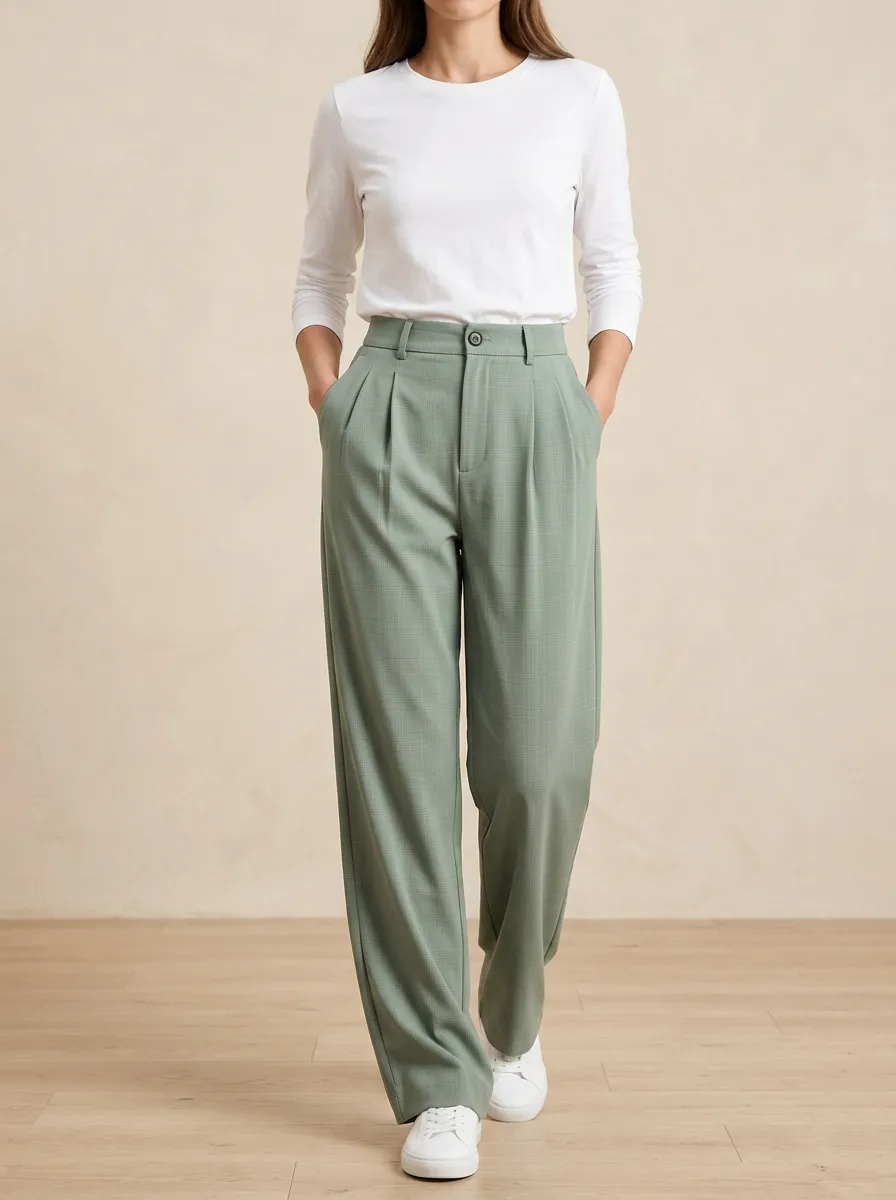 Women's Plaid High-Waisted Pleated Casual Pants