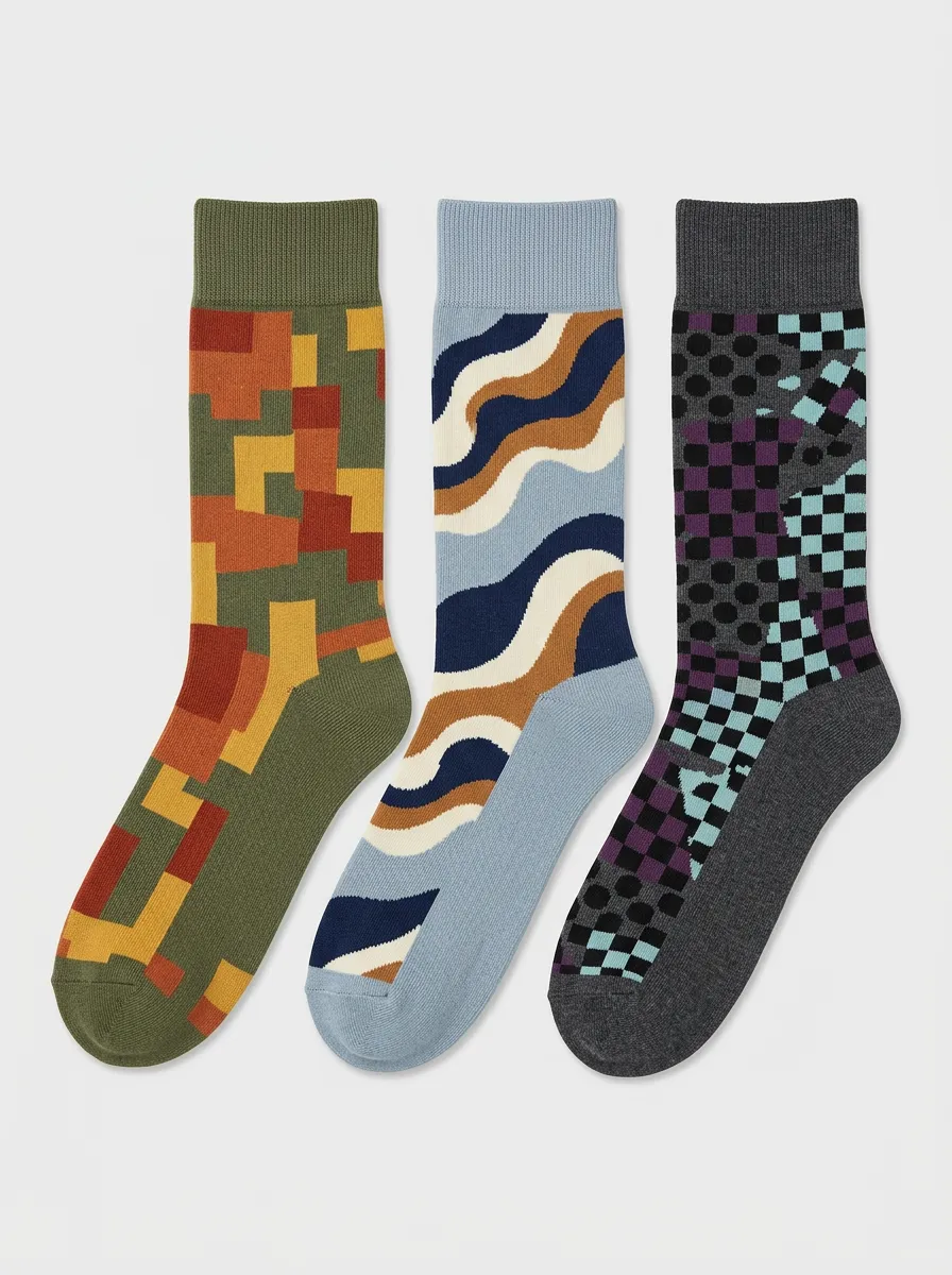 Men's Geometric Wavy Checkered Pattern Print 3-Pack Socks