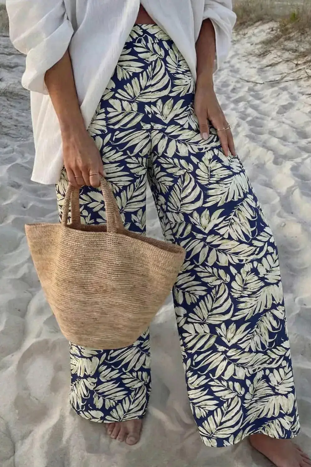 Wide Leg Printed Pocketed Casual Pants