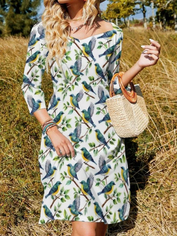 Bird Print Midi Dress