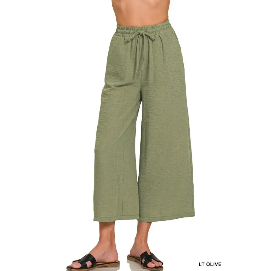 Classic Woven Crepe Elastic Band Waist Cropped Pants