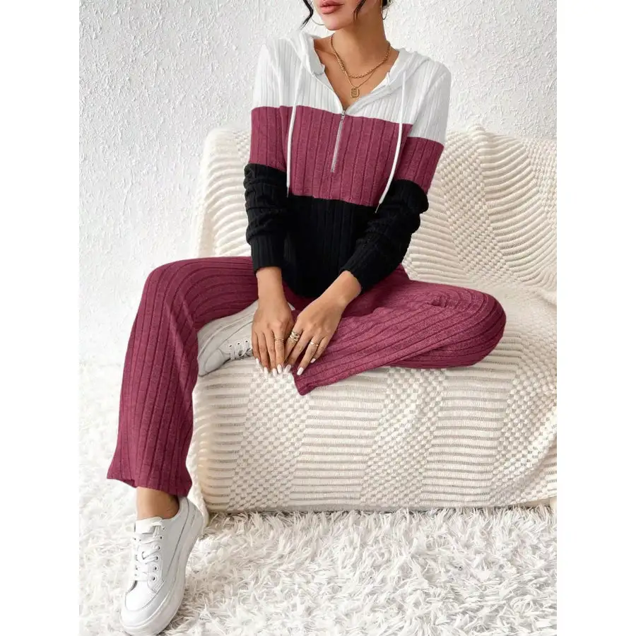 Block Half Zip Hooded Top and Pants Set