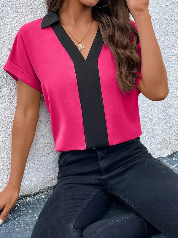 Relaxed Short Sleeve Contrast V-Neck T-Shirt