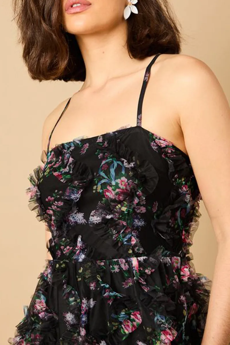 Casual Style Floral Textured Strappy Dress