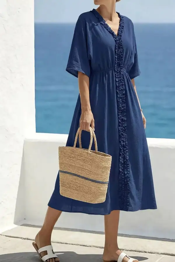 V Neck Ruffle Short Sleeve Midi Dress