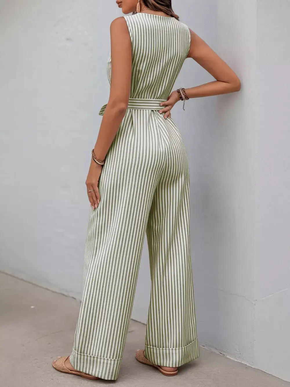 Striped Button Front Tie Waist Wide Jumpsuit