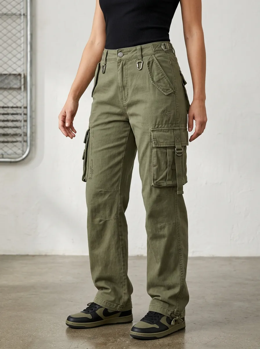Flexible Embroidered Detail Tactical Style Training Look Women's Multi Pocket Cargo Pants