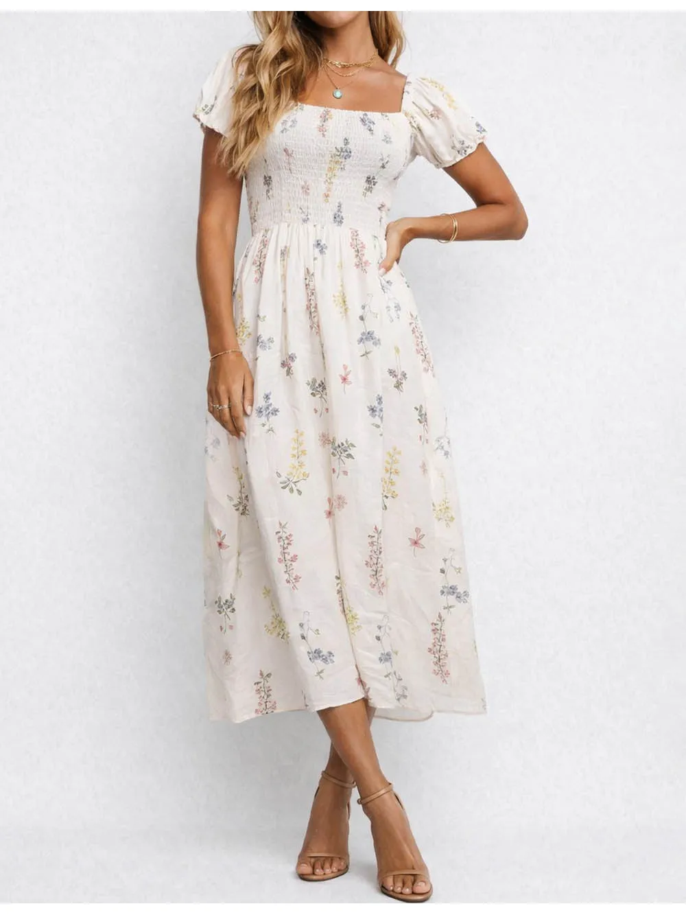 Romantic Puff Sleeves Midi Dress