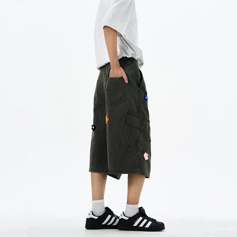 Embroidered Floral Multi Pocket Cargo Shorts