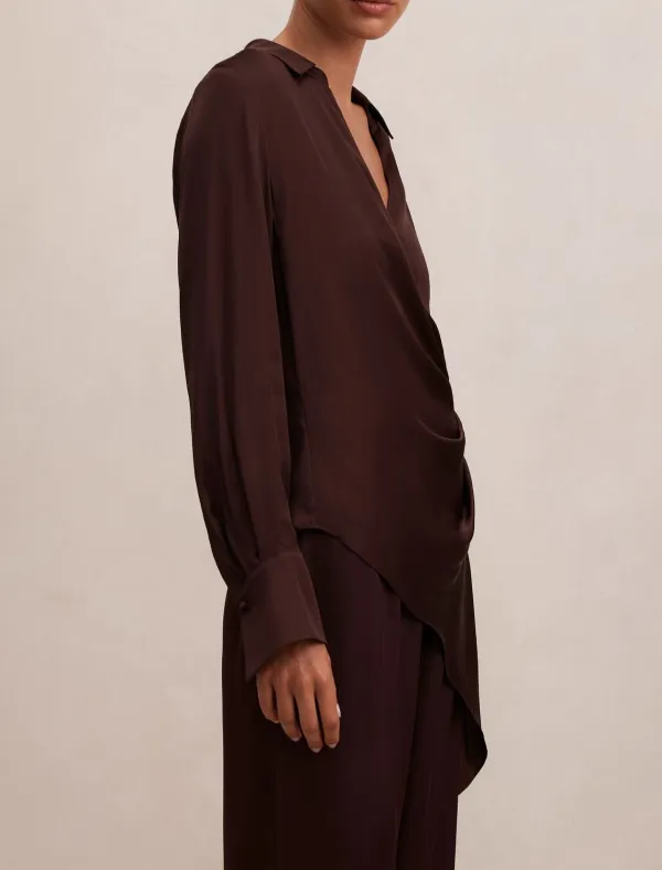 Burgundy Asymmetric Wrap-Front Drape Shirt