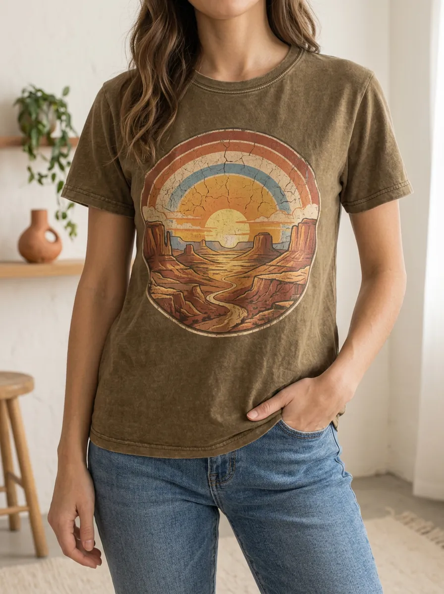 Women's Retro Desert Sunset Canyon Printed T-shirt