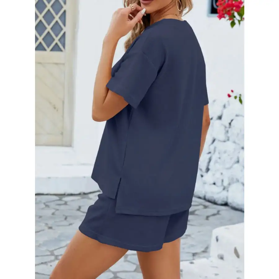 Casual Button Detail Ribbed Top and Shorts Two Piece Set