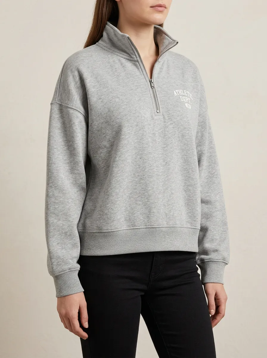 Women's Athletic Dept Logo Grey Quarter Zip Printed Sweatshirt