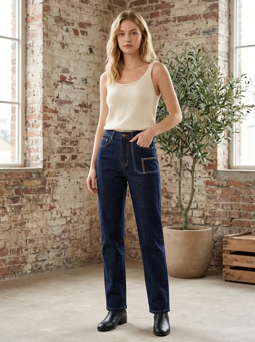 Women's Classic Fit Jeans Trousers with High Rise Detail in Dark Wash
