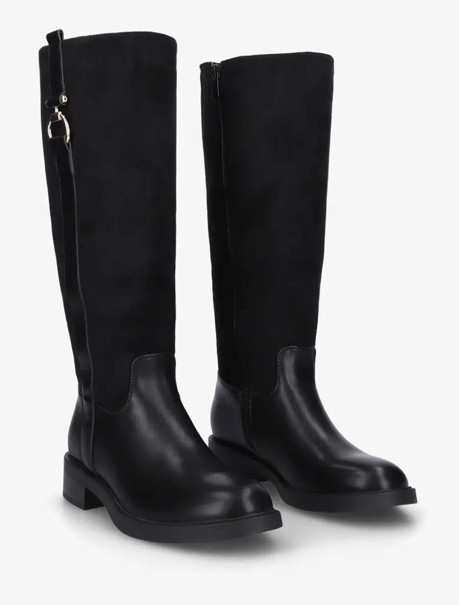 Riding Buckle Detail Block Heel Faux Suede Knee High Boots