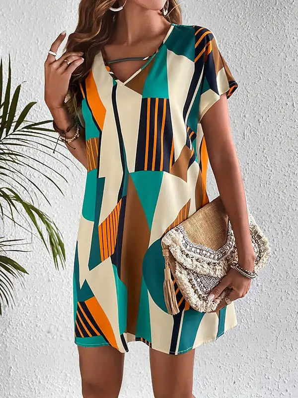 A Line Relaxed Contrast Color Printed Zipper V Neck Mini Dress