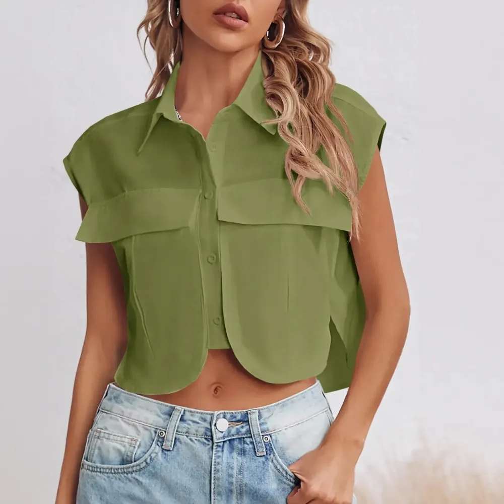 Womens Button Down Shirts Cute Summer Cap Sleeve Crop Tops