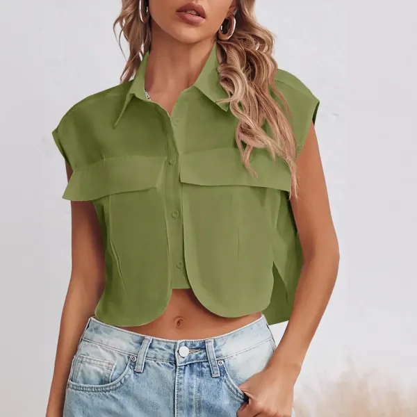 Womens Button Down Shirts Cute Summer Cap Sleeve Crop Tops