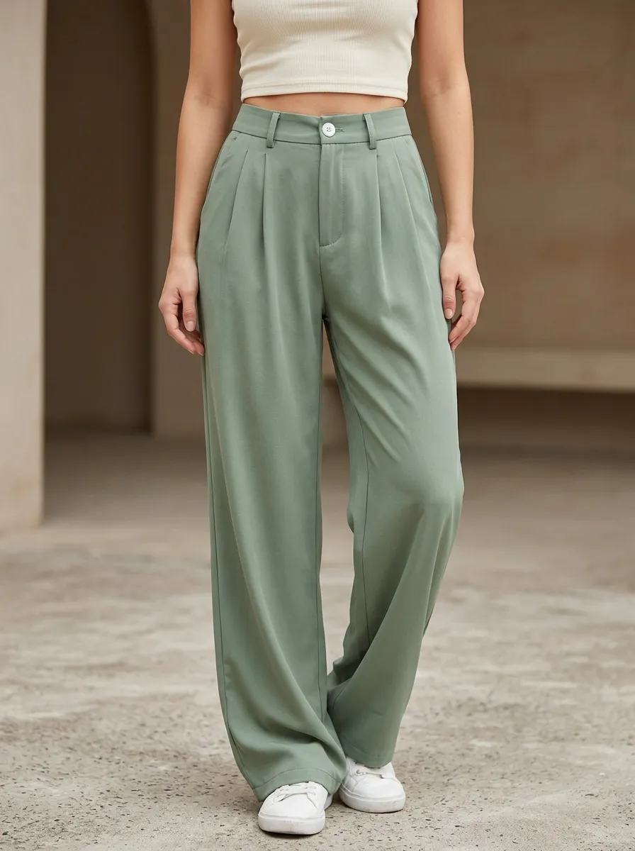 Women's High-Waisted Pleated Wide-Leg Casual High-Rise Waist Belt Loops Pants