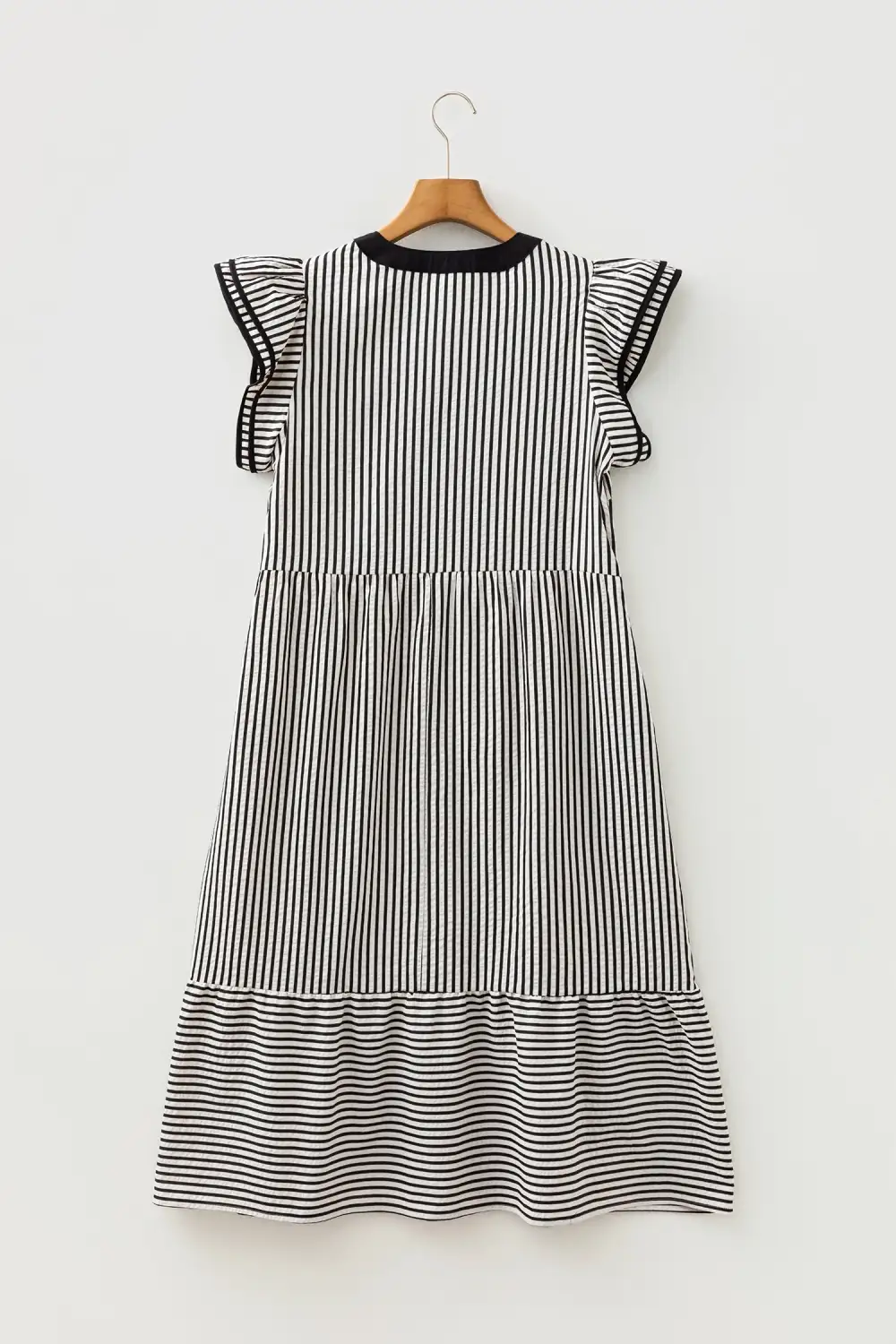 Comfort Fit Striped V Neck Ruffle Midi Dress