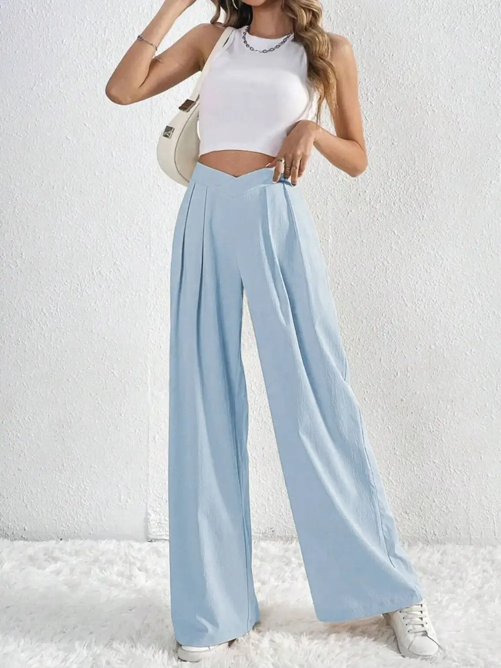 V Waisted Ruched Front Wide Leg Pants