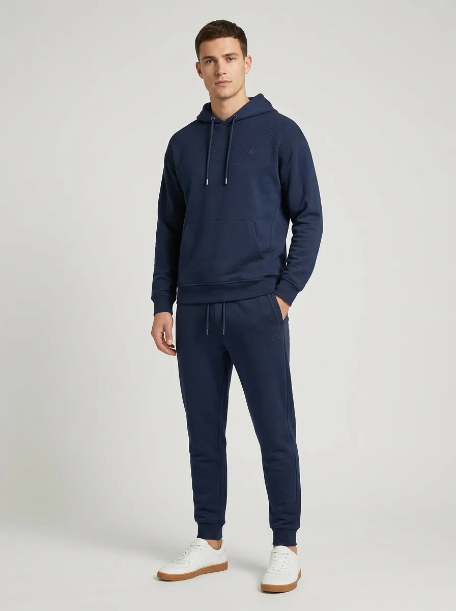 Men's Navy Blue Textured Logo Printed Hoodie Jogger Set