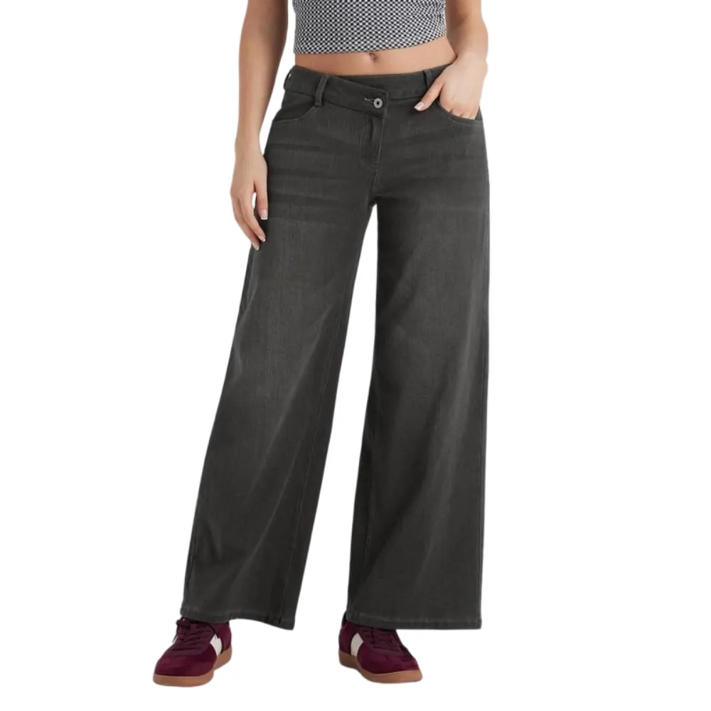 Asymmetric Low Rise Zipper Pockets Baggy Wide Leg Washed Casual Jeans
