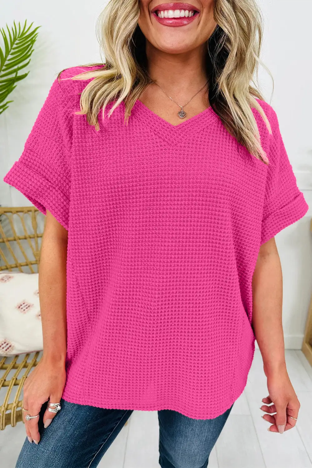 Waffle Neck Sleeve Knit Sweater