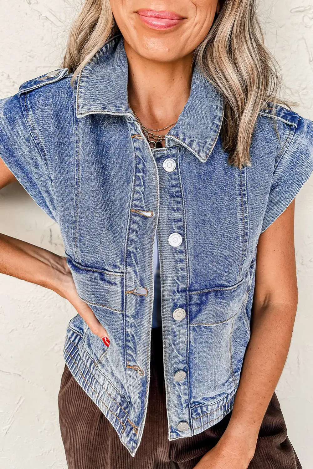 Acid Wash Elastic Hem Button Denim Vest