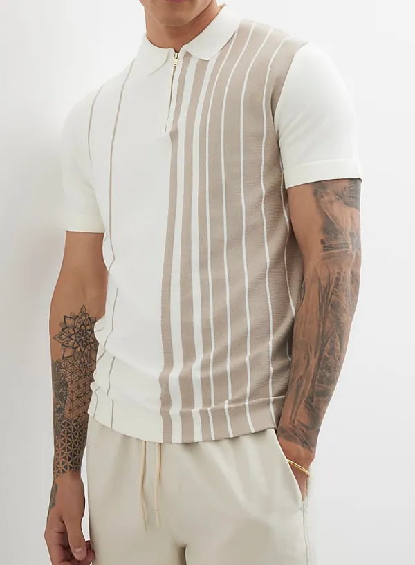 Men's White Slim Fit Light Khaki Striped Zip-Neck Polo Shirt