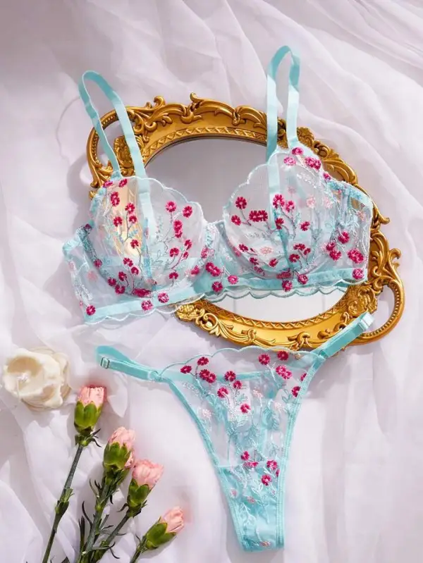 Refined Floral Embroidered Sheer Lingerie Set