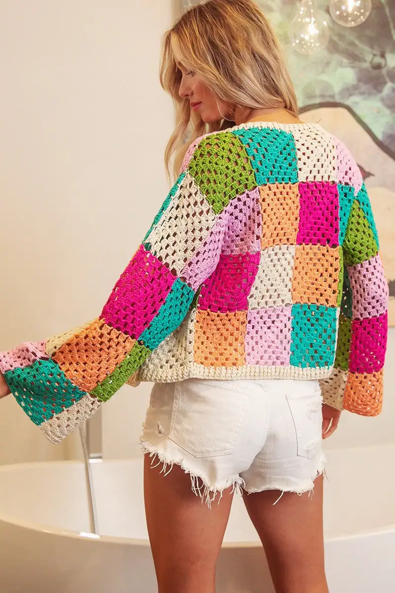 Open Front Checkered Cardigan