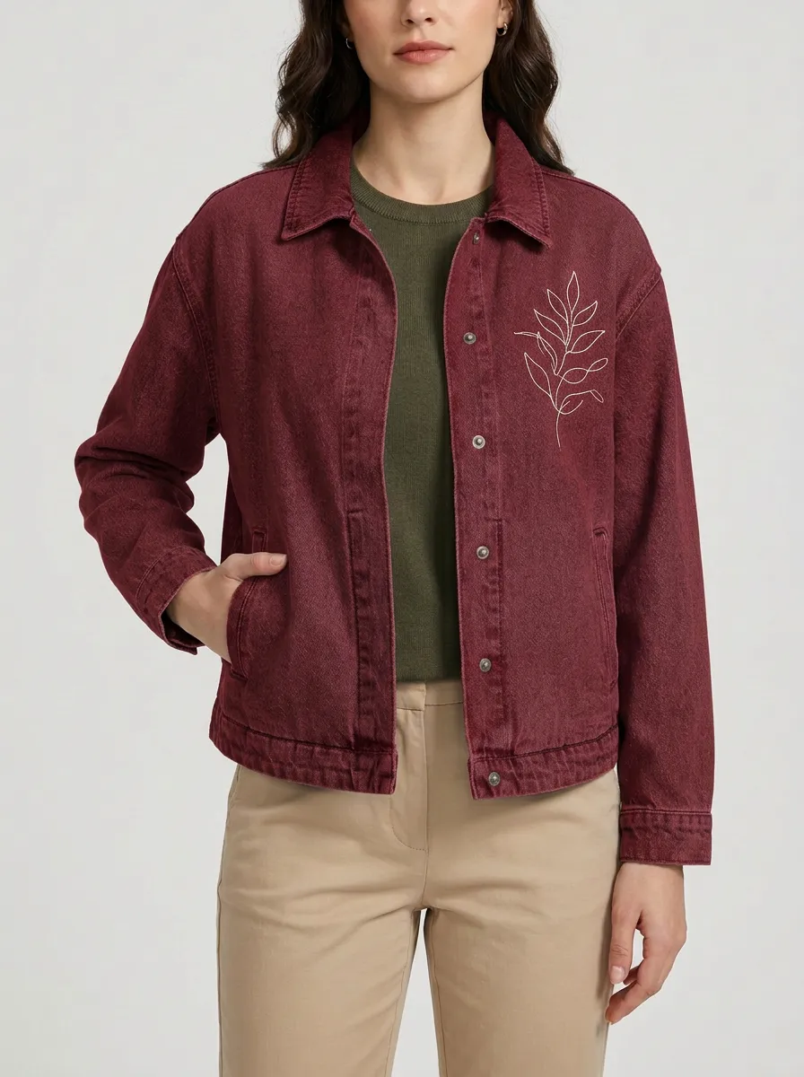 Women's Minimalist Botanical Leaf Printed Denim Jacket