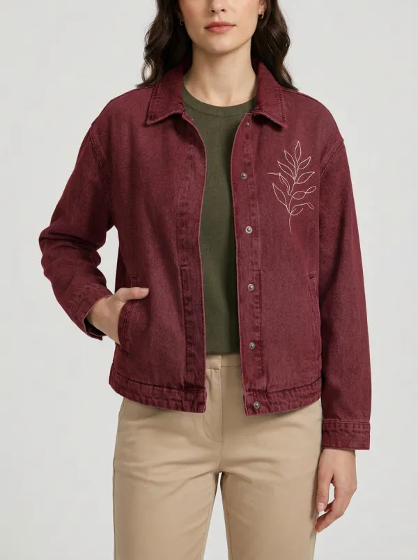 Women's Minimalist Botanical Leaf Printed Denim Jacket