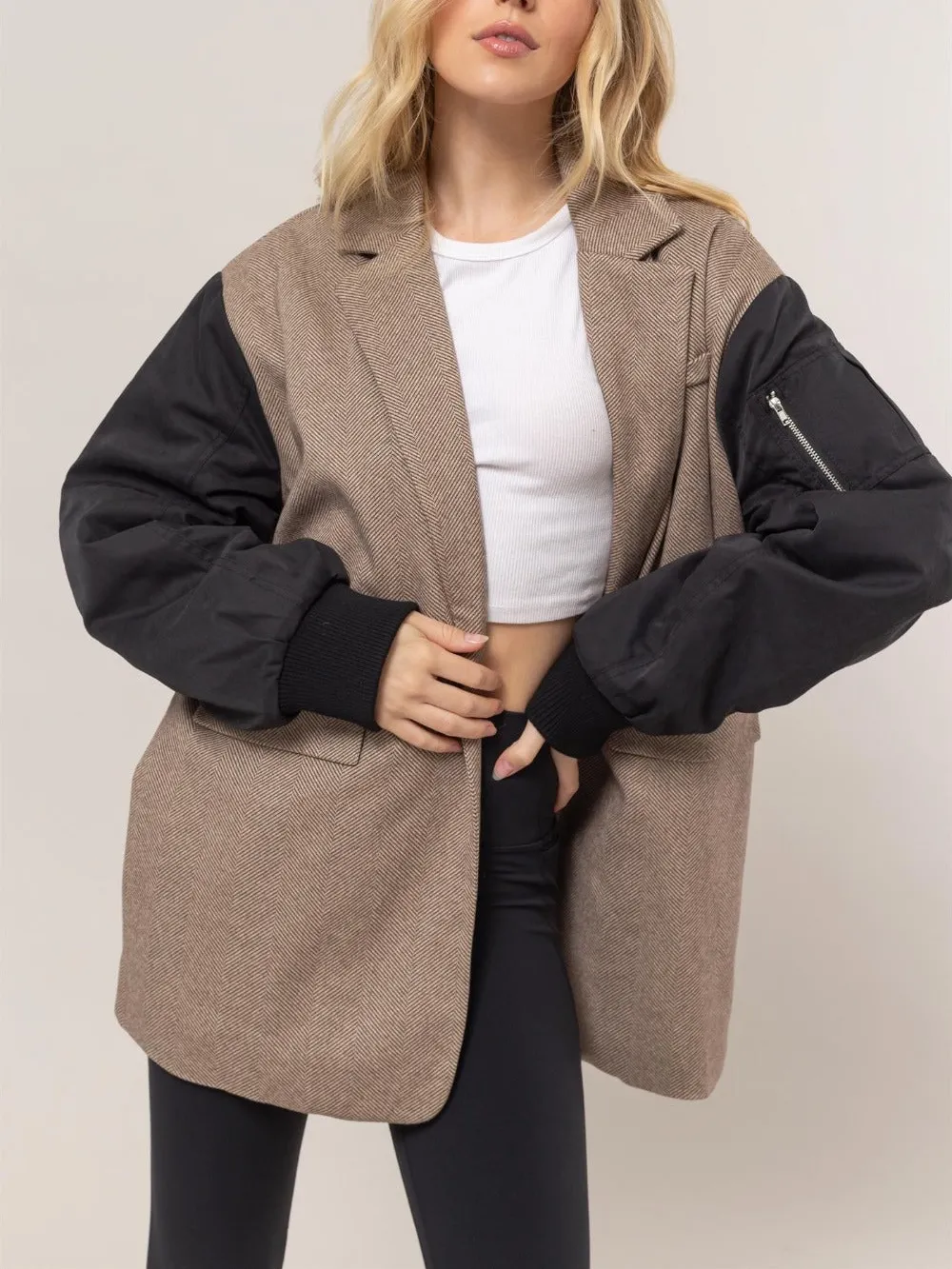 Button-Front Long-Sleeve Contrast Blazer