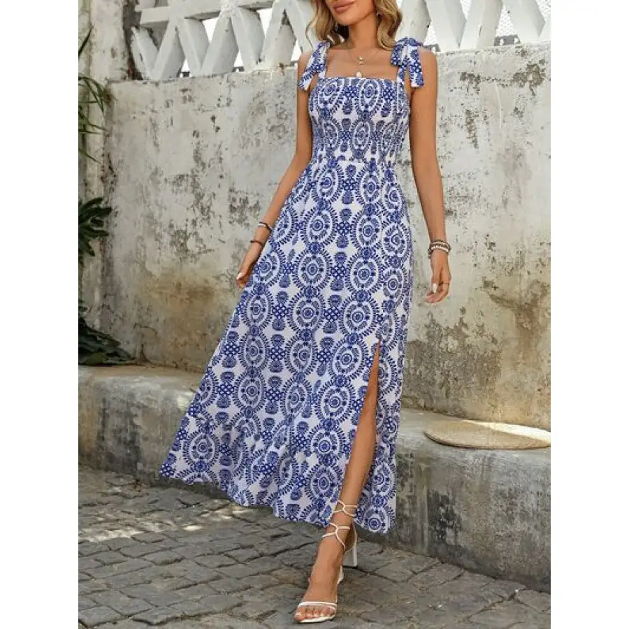 Perfee Slit Smocked Square Neck Printed Maxi Cami Dress
