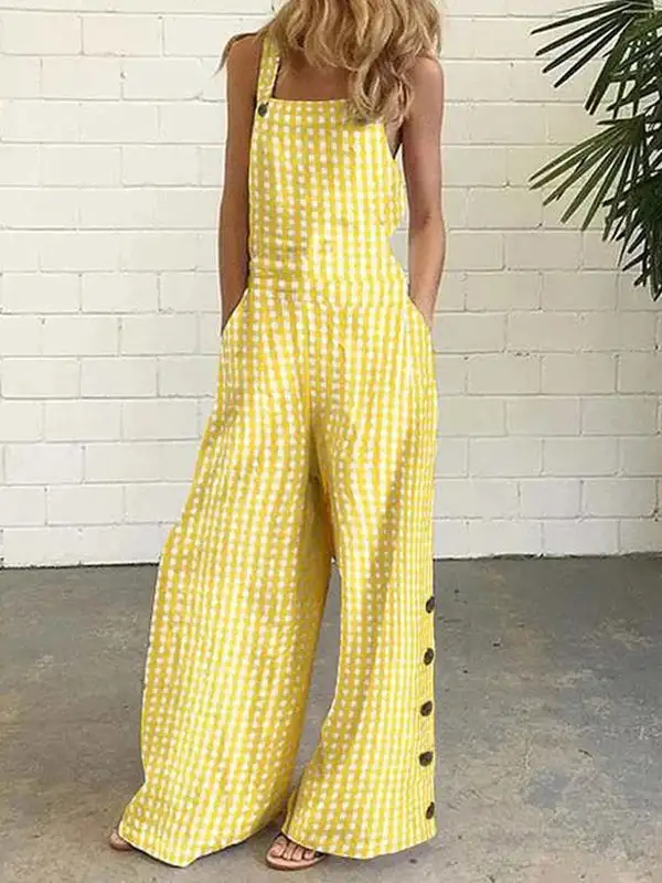 Contemporary Loose Sleeveless Buttoned Plaid Pockets Collarless Overalls