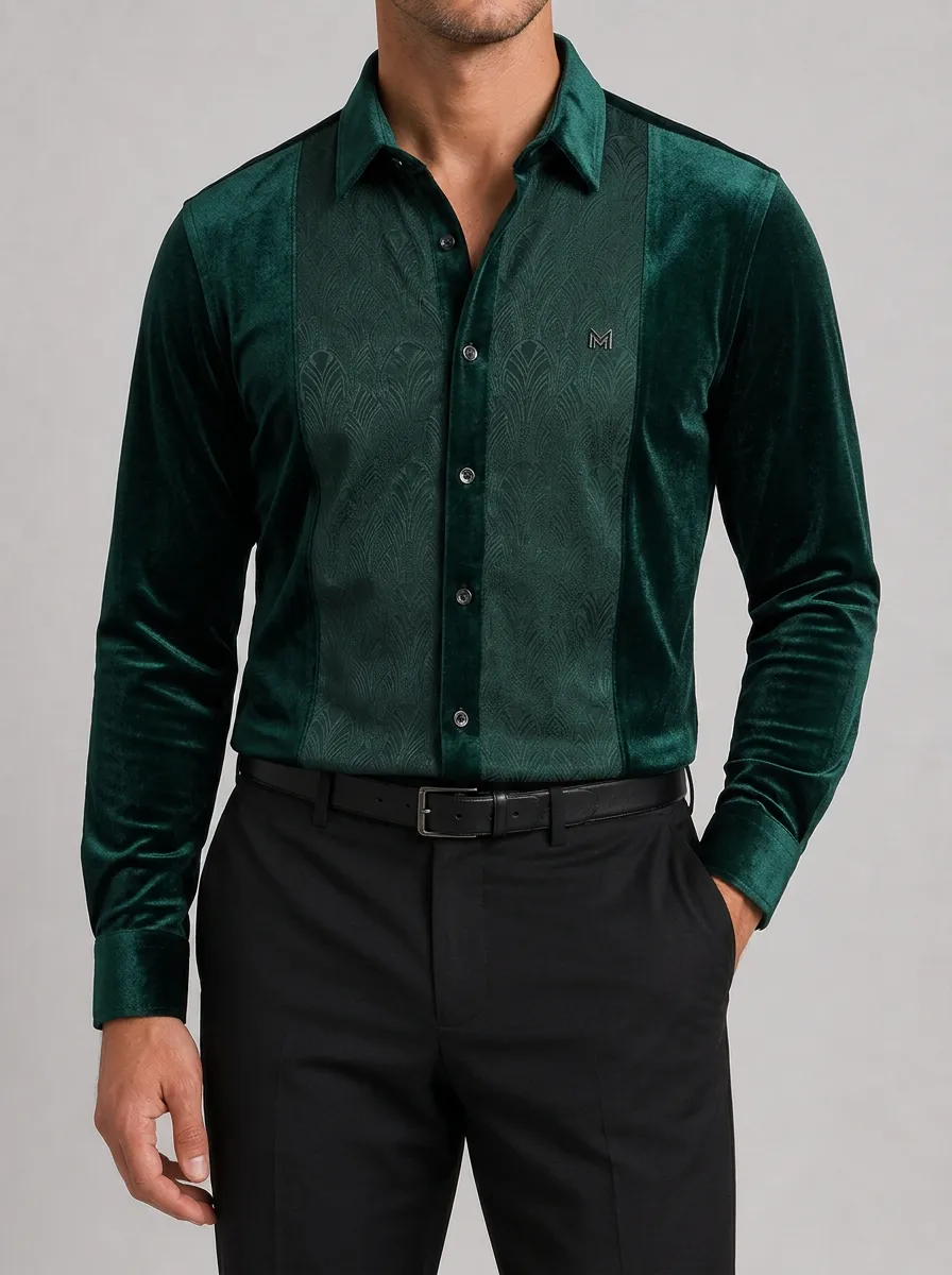Men's Green Velvet Art Deco Patterned Long Sleeve Shirt