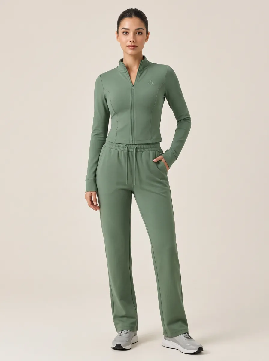 Women's Sage Green Zip-Up Jacket & Straight-Leg Pant Set