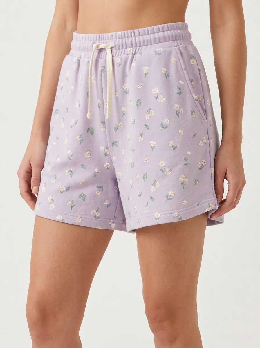 Women's Floral Daisy Drawstring Elastic-Waist Printed Sweat Shorts