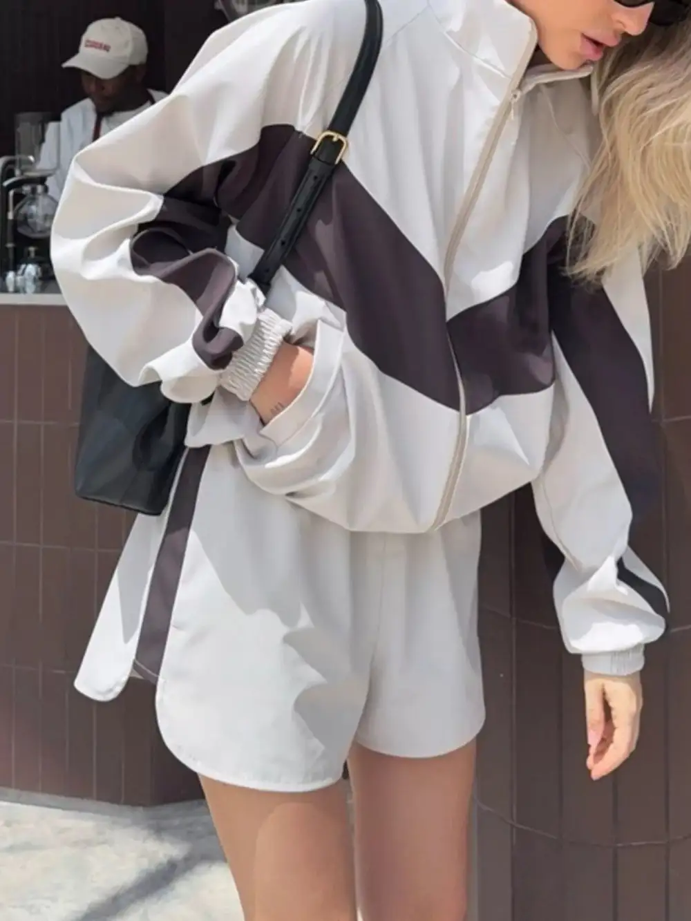 Zip-Detail Pocketed Colorblock Top and Shorts Matching Set