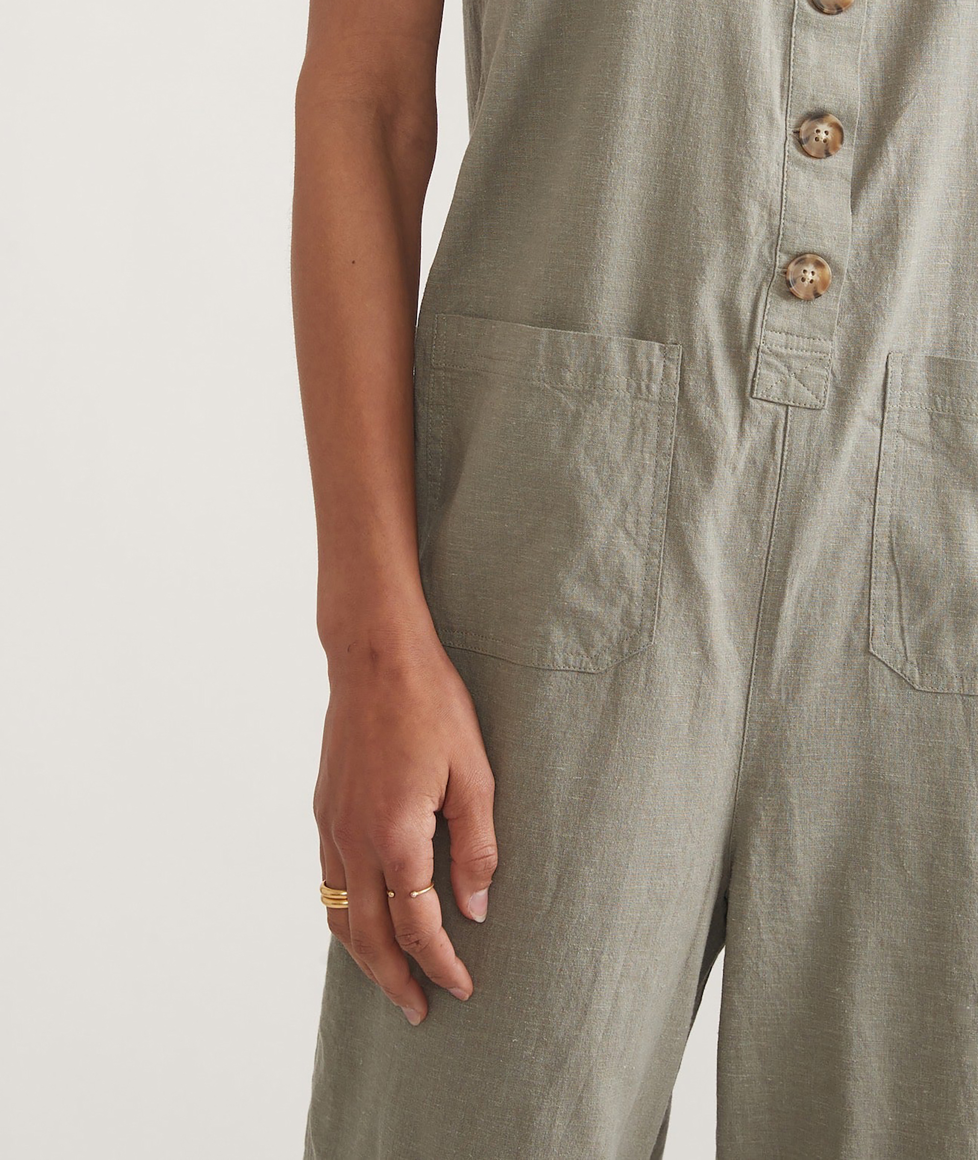 Button-Front Sleeveless Linen Jumpsuit