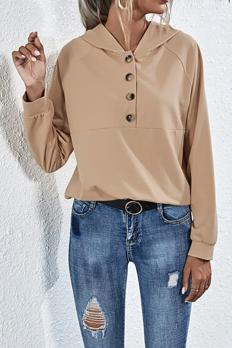 Buttoned Raglan Sleeve Hooded Blouse