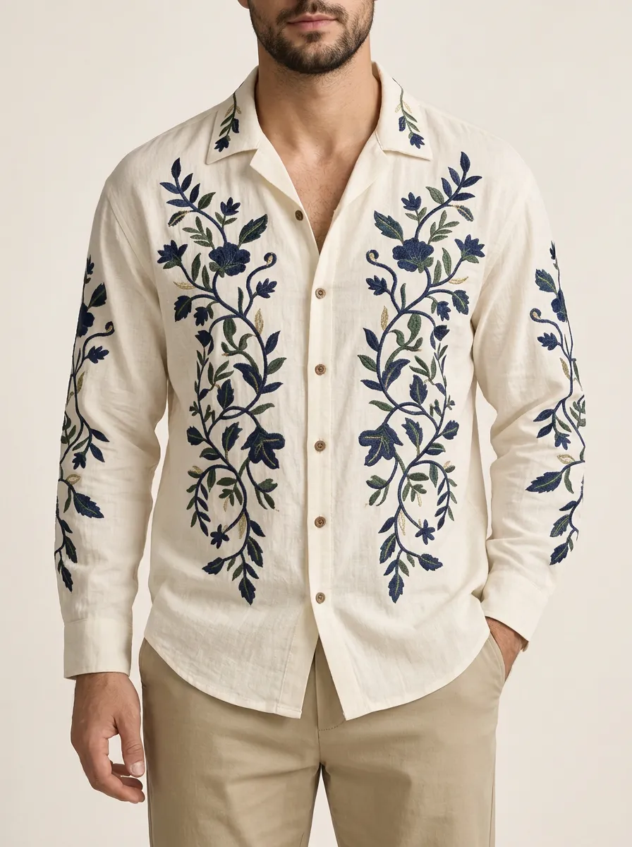 Men's Distinctive Botanical Embroidered Shirt