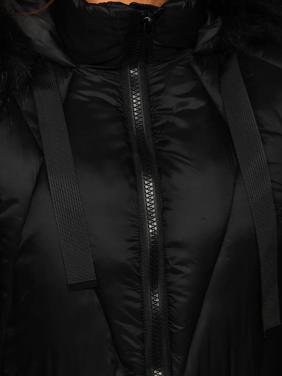 women's black quilted winter jacket with hood