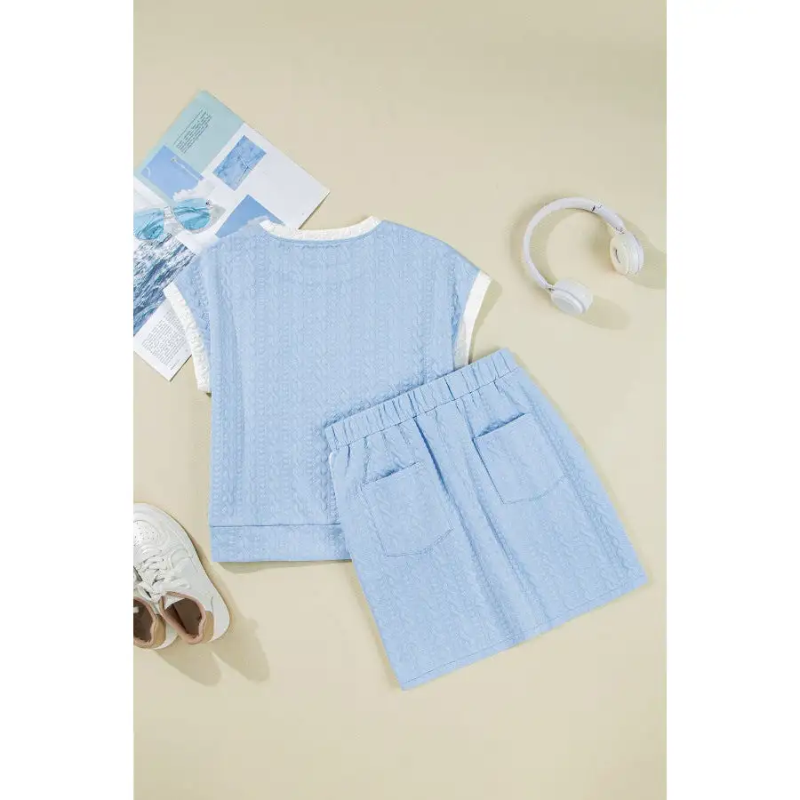 Contrast Trim Textured Crewneck Tee and Pocketed Skirt Set